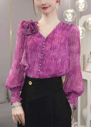 Fashion Purple V Neck Tie Dye Chiffon Blouses Fall