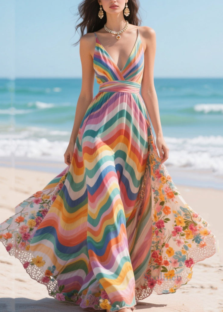 Fashion Rainbow Patchwork Exra Large Hem Chiffon Mini Dress Summer
