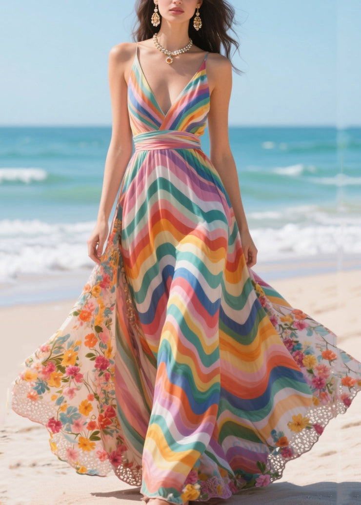 Fashion Rainbow Patchwork Exra Large Hem Chiffon Mini Dress Summer