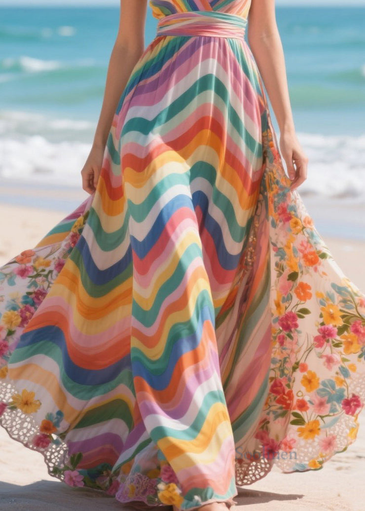 Fashion Rainbow Patchwork Exra Large Hem Chiffon Mini Dress Summer