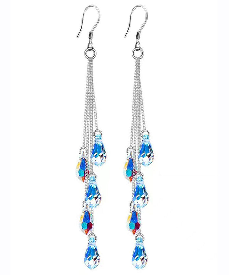 Fashion Rainbow Sterling Silver Crystal Tassel Drop Earrings