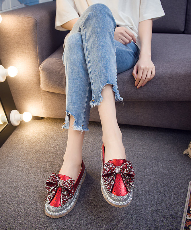 Fashion Red Bow Zircon Splicing Penny Loafers