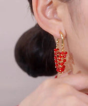 Fashion Red Copper Alloy Beading Hoop Earrings