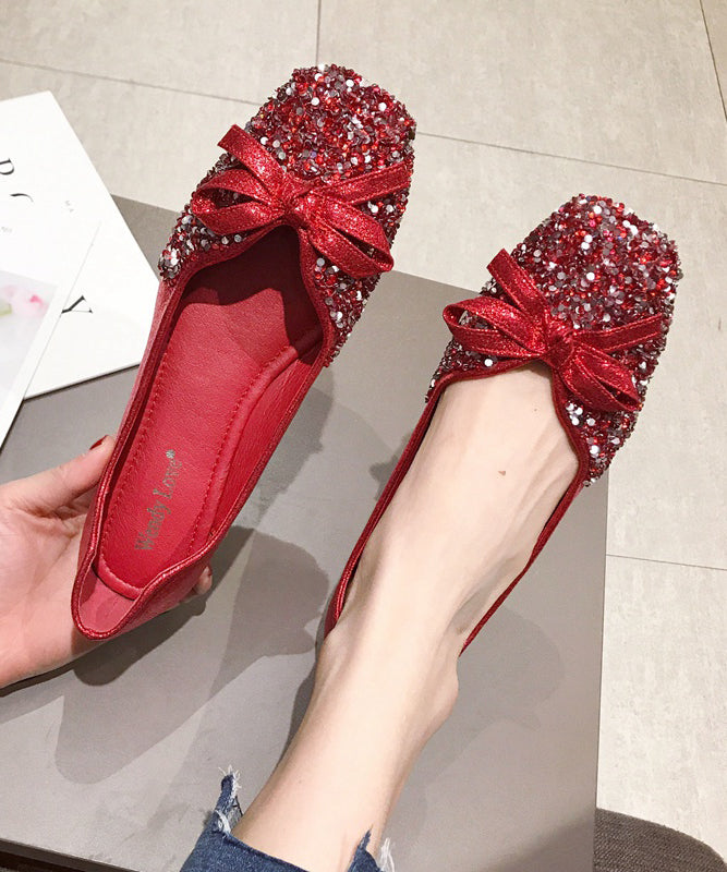 Fashion Red Faux Leather Penny Loafers Splicing Sequins Bow