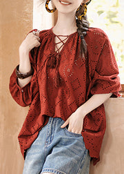 Fashion Red Hollow Out Lace Up Cotton Shirt Bracelet Sleeve