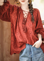 Fashion Red Hollow Out Lace Up Cotton Shirt Bracelet Sleeve