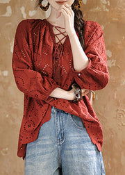 Fashion Red Hollow Out Lace Up Cotton Shirt Bracelet Sleeve