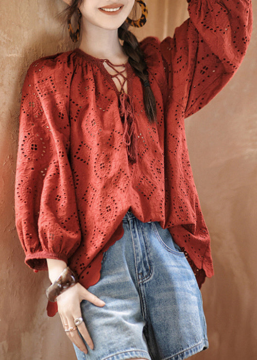 Fashion Red Hollow Out Lace Up Cotton Shirt Bracelet Sleeve