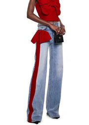 Fashion Red Pockets Bow Patchwork Denim Pants Fall