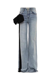 Fashion Red Pockets Bow Patchwork Denim Pants Fall