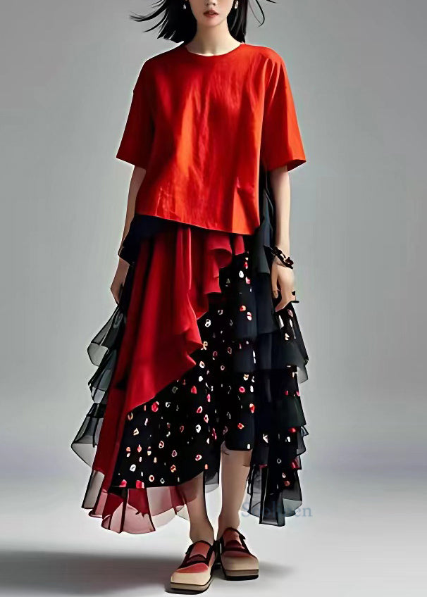 Fashion Red Tulle Patchwork ChiffonTwo piece set