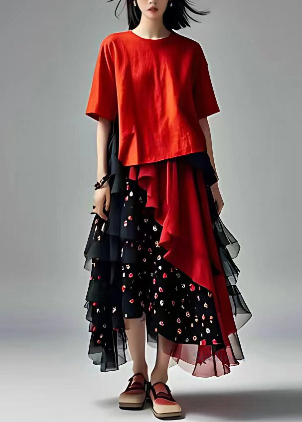Fashion Red Tulle Patchwork ChiffonTwo piece set