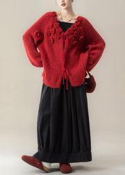 Fashion Red V Neck Floral Knit Sweaters And Skirts Two Piece Set Winter