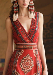 Fashion Red V Neck Print Chiffon Tunic Dress Sleeveless