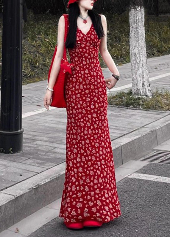 Fashion Red V Neck Print Maxi Dress Sleeveless