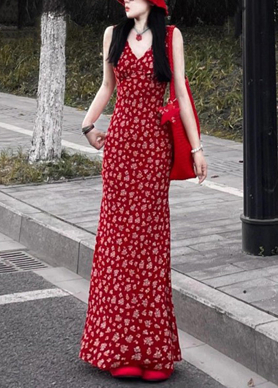 Fashion Red V Neck Print Maxi Dress Sleeveless