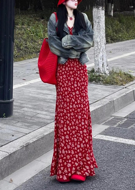 Fashion Red V Neck Print Maxi Dress Sleeveless