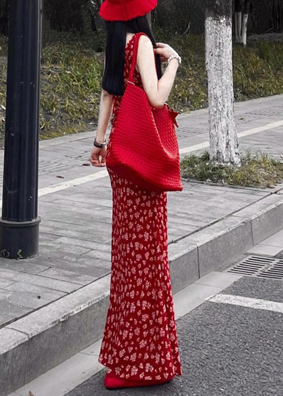 Fashion Red V Neck Print Maxi Dress Sleeveless