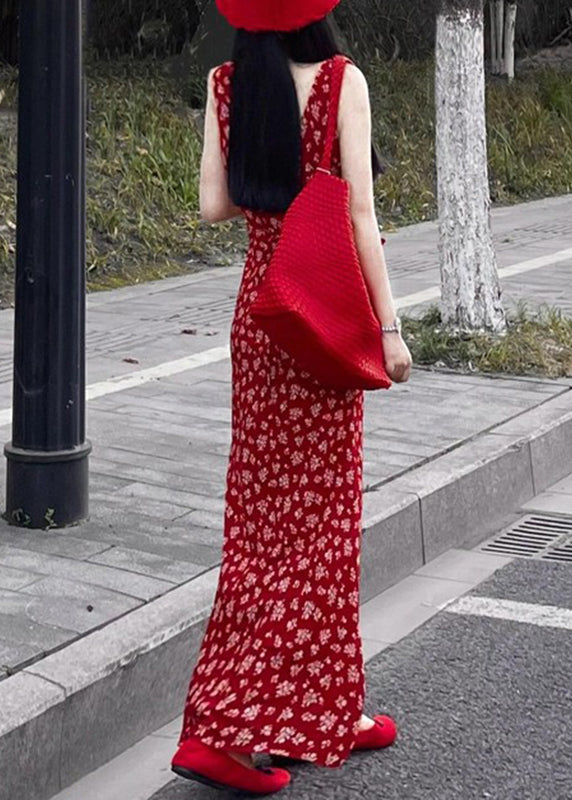 Fashion Red V Neck Print Maxi Dress Sleeveless
