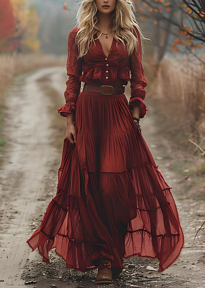 Fashion Red V Neck Wrinkled Patchwork Cotton Maxi Dresses Long Sleeve