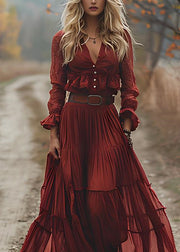 Fashion Red V Neck Wrinkled Patchwork Cotton Maxi Dresses Long Sleeve