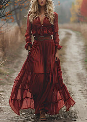 Fashion Red V Neck Wrinkled Patchwork Cotton Maxi Dresses Long Sleeve