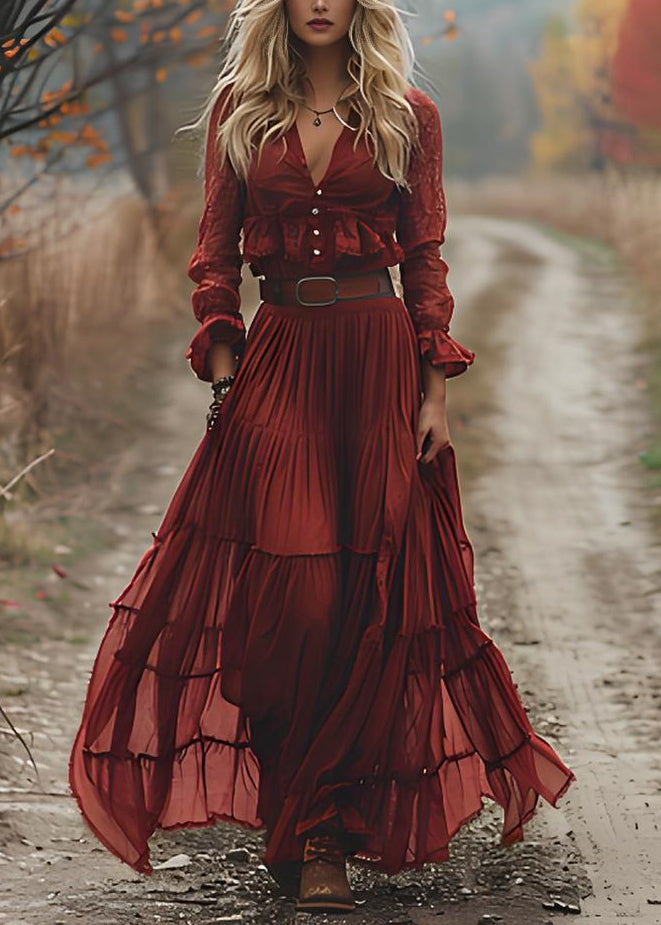 Fashion Red V Neck Wrinkled Patchwork Cotton Maxi Dresses Long Sleeve