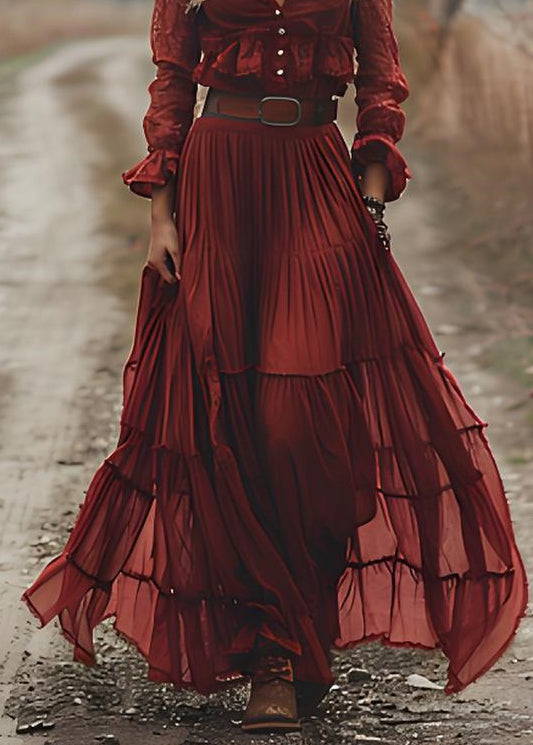 Fashion Red V Neck Wrinkled Patchwork Cotton Maxi Dresses Long Sleeve