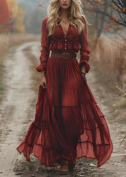 Fashion Red V Neck Wrinkled Patchwork Cotton Maxi Dresses Long Sleeve