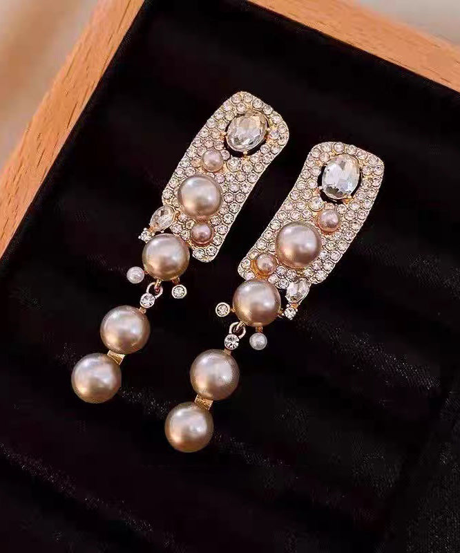 Fashion Rose Alloy Zircon Pearl Tassel Drop Earrings