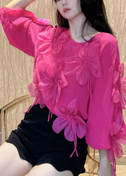 Fashion Rose O-Neck Floral Chiffon Shirt Bracelet Sleeve