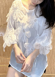Fashion Rose O-Neck Floral Chiffon Shirt Bracelet Sleeve