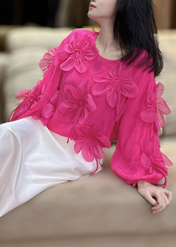 Fashion Rose O-Neck Floral Chiffon Shirt Bracelet Sleeve