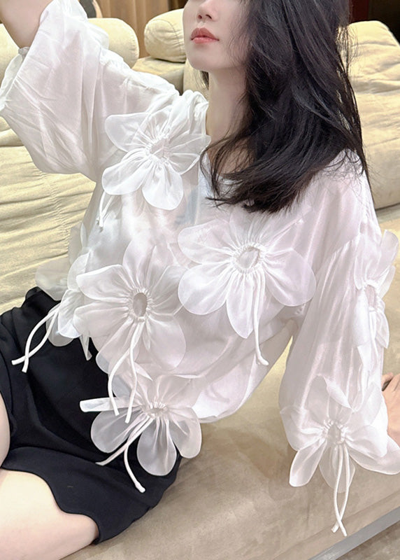 Fashion Rose O-Neck Floral Chiffon Shirt Bracelet Sleeve
