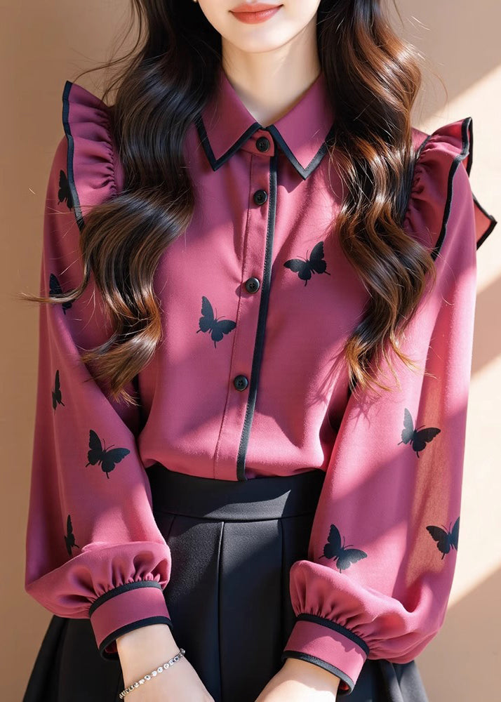 Fashion Rose Peter Pan Collar Print Ruffled Chiffon Shirt Tops Fall