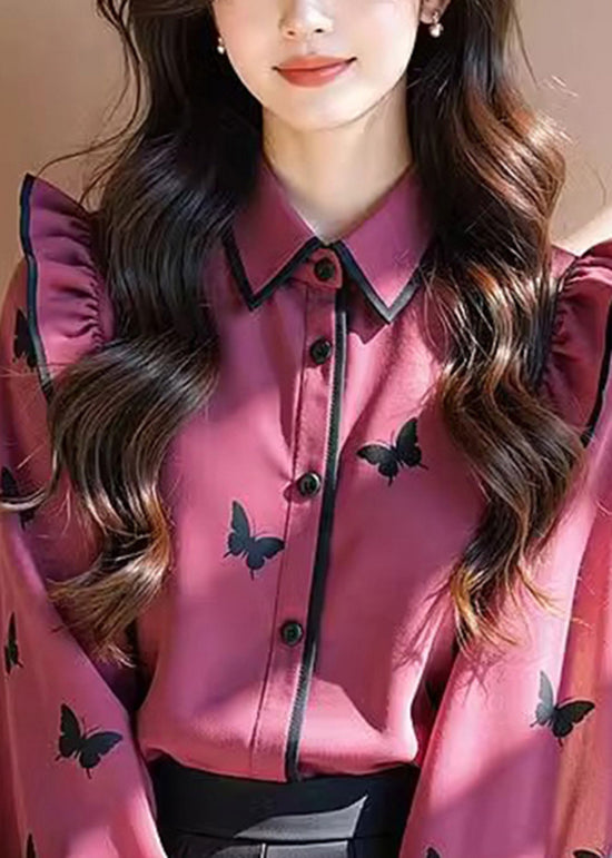 Fashion Rose Peter Pan Collar Print Ruffled Chiffon Shirt Tops Fall