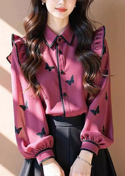 Fashion Rose Peter Pan Collar Print Ruffled Chiffon Shirt Tops Fall
