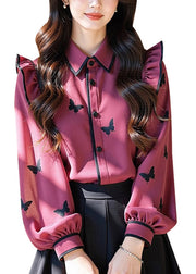 Fashion Rose Peter Pan Collar Print Ruffled Chiffon Shirt Tops Fall