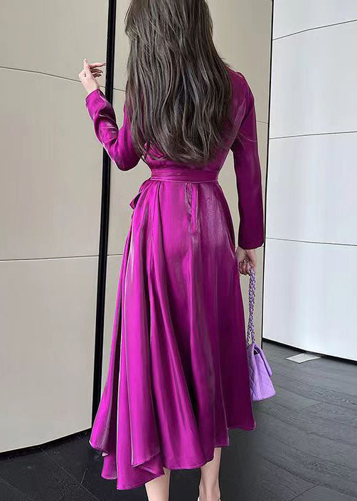 Fashion Rose V Neck Tie Waist Silk Long Dress Spring