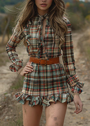 Fashion Ruffled Plaid Pastoral Style Long Sleeve Mini Dress