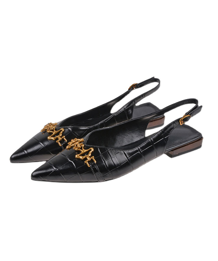 Fashion Sequined Splicing Sandals Black Cowhide Leather Pointed Toe