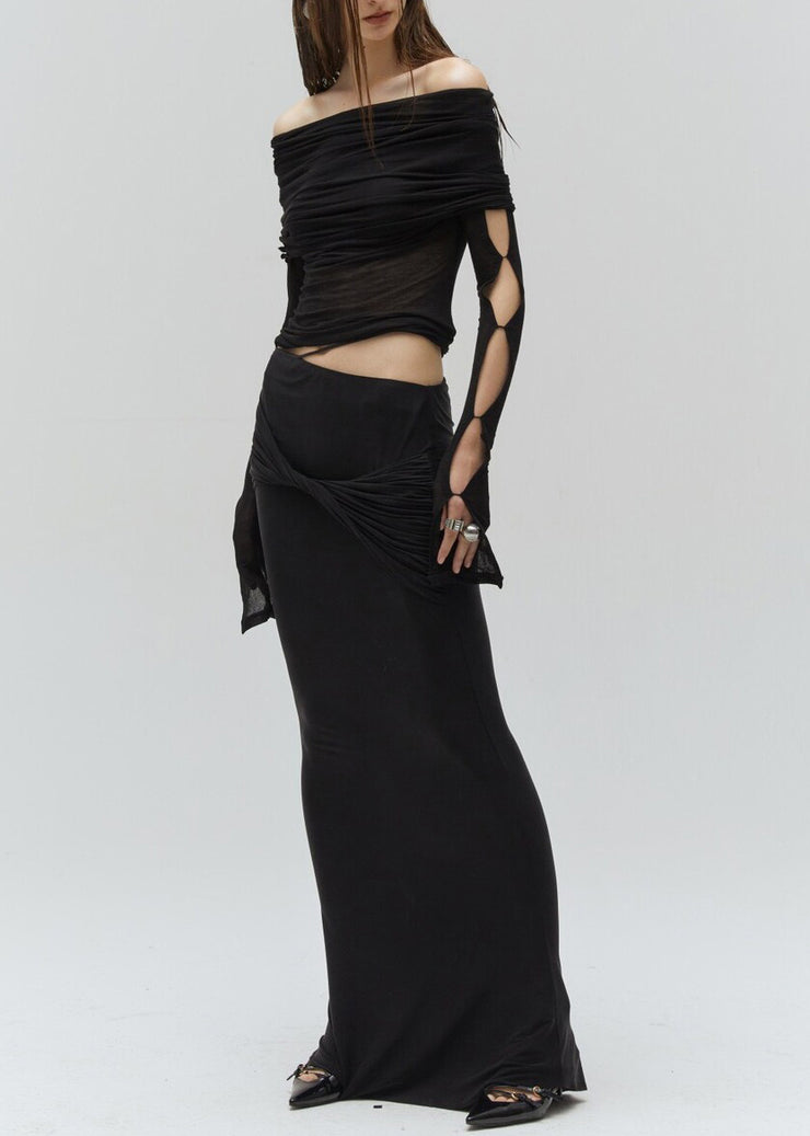 Fashion Sexy Black Hollow Out Cotton Two Pieces Set Fall