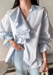 Fashion Sky Blue Asymmetrical Ruffles Cotton Shirt Fall