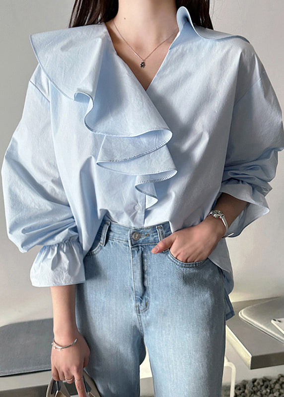 Fashion Sky Blue Asymmetrical Ruffles Cotton Shirt Fall