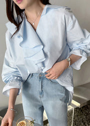 Fashion Sky Blue Asymmetrical Ruffles Cotton Shirt Fall