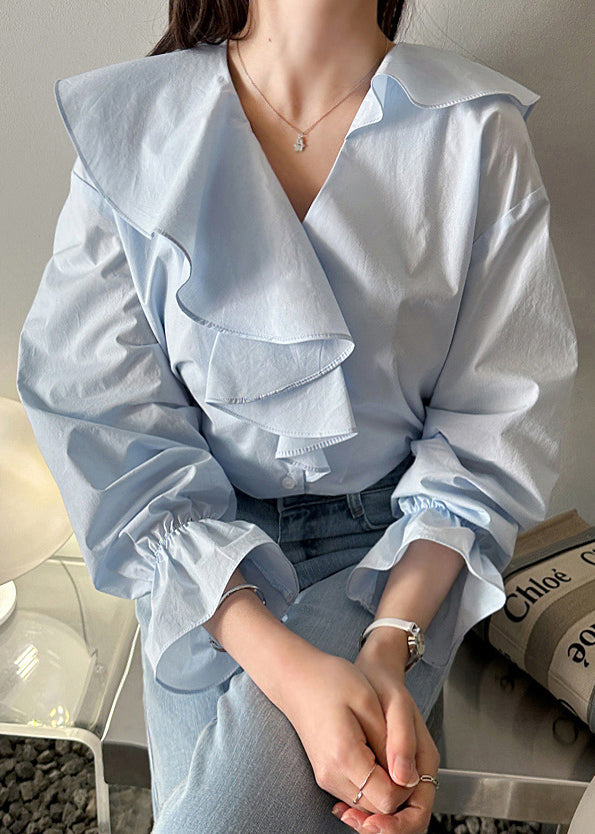 Fashion Sky Blue Asymmetrical Ruffles Cotton Shirt Fall
