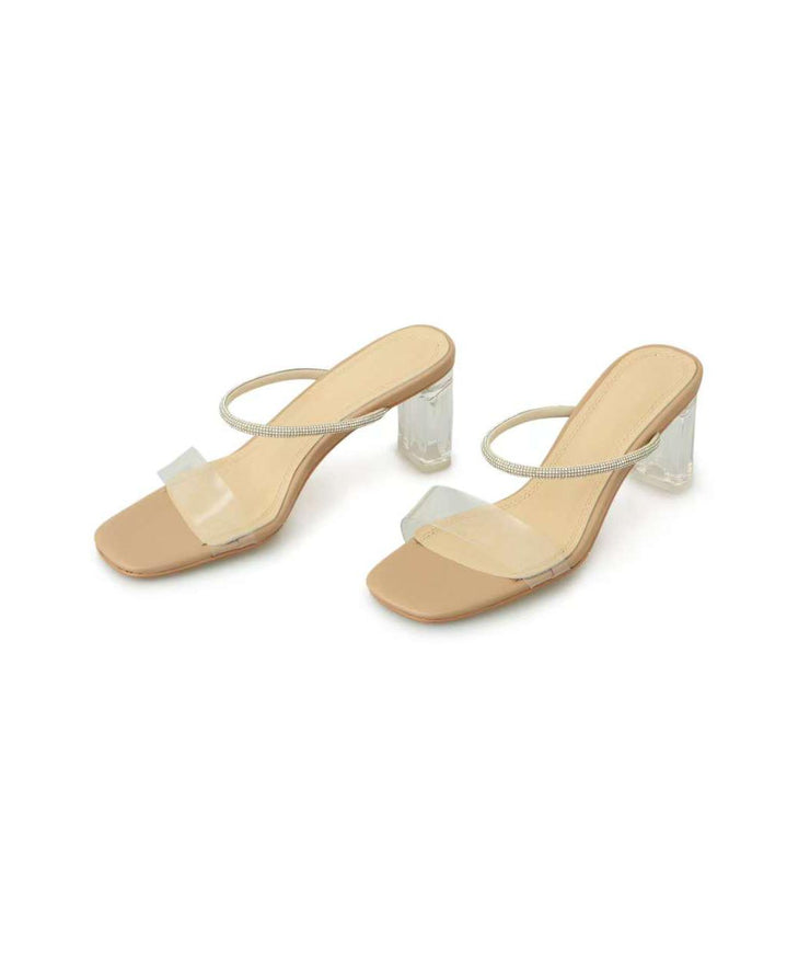 Fashion Splicing Chunky Heel Apricot Slide Sandals Peep Toe