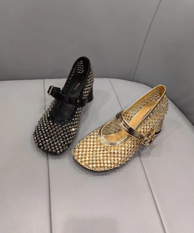 Fashion Splicing Chunky Shoes Black Breathable Mesh Zircon