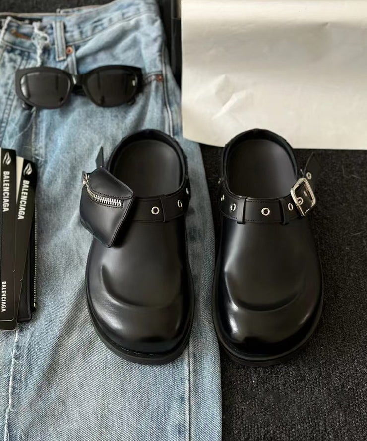 Fashion Splicing Platform Black Cowhide Leather Slide Sandals