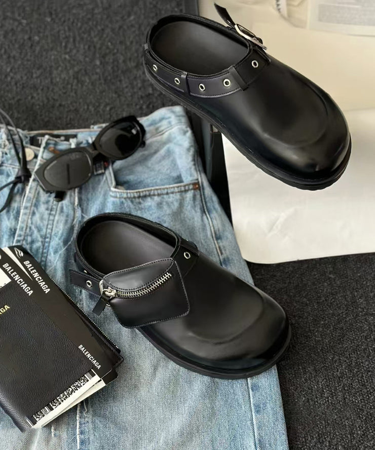 Fashion Splicing Platform Black Cowhide Leather Slide Sandals